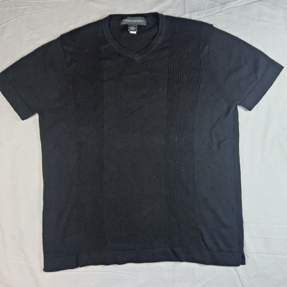 Banana Republic Men's Medium Black Knit V-Neck Short Sleeve Sweater Shirt Cotton - Picture 4 of 8